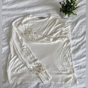 ZARA Lightweight Knit Sweater with Pearl Sleeves — Medium